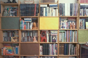 A wall covered in books used as a resolution test for the Zeiss Biogon 25 and Leica Summicron-M 28