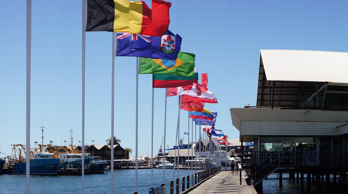 A long line of flags in Fremantle harbour. Panorama using the Sony NEX-5N and Zeiss ZM Biogon 25/2.8