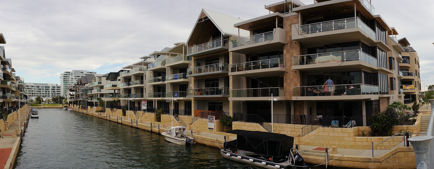 Flats for Sale on a canal in Mandurah, WA. Panorama using the Sony NEX-5N and Zeiss ZM Biogon 25/2.8