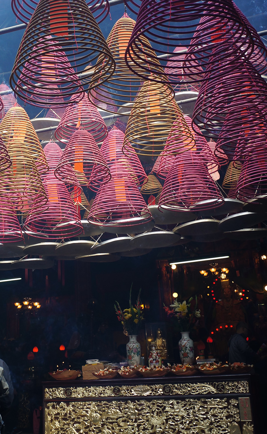 Colourful incense spirals burning in a temple in Hong Kong